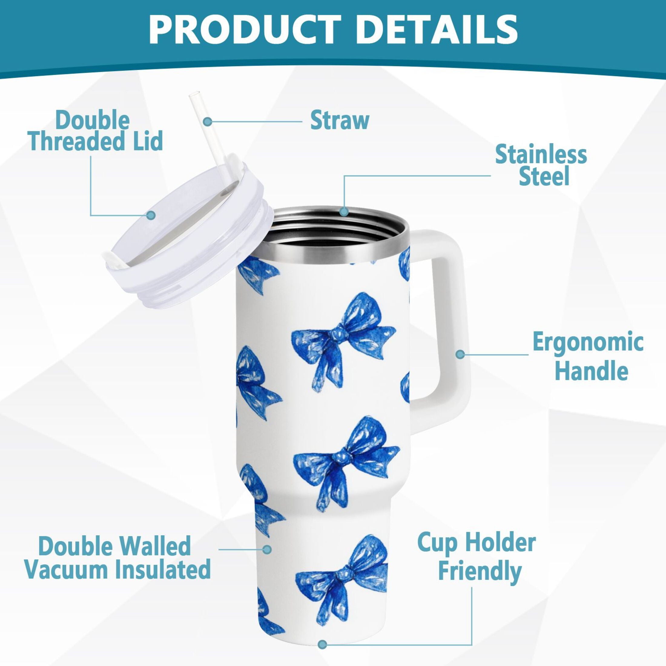 30 oz Insulated Stainless Steel Tumbler Double Wall Stainless Steel Tumbler with 2-Way Drinking Blue Bows Pattern C620Q