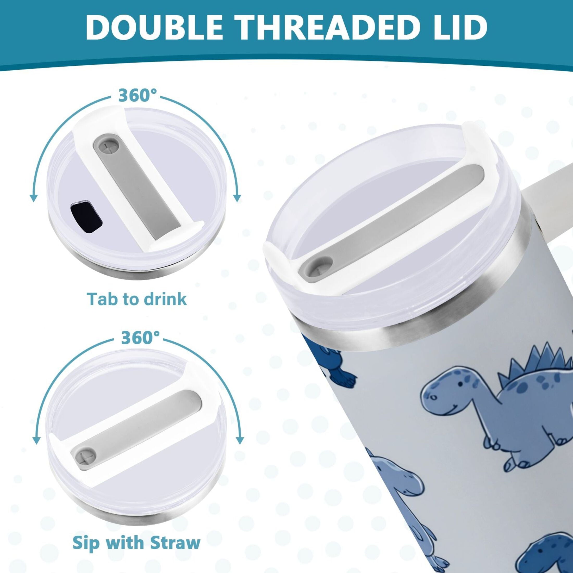 30 oz Insulated Stainless Steel Tumbler Double Wall Stainless Steel Tumbler with 2-Way Drinking Cute Blue Dinosaurs C580N