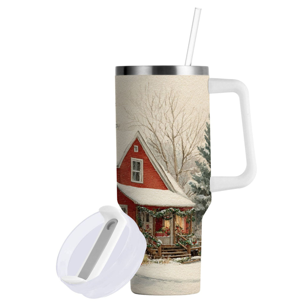40 oz Insulated Stainless Steel Tumbler Double Wall Stainless Steel Tumbler with 2-Way Drinking House with Snow-covered Roof C674D