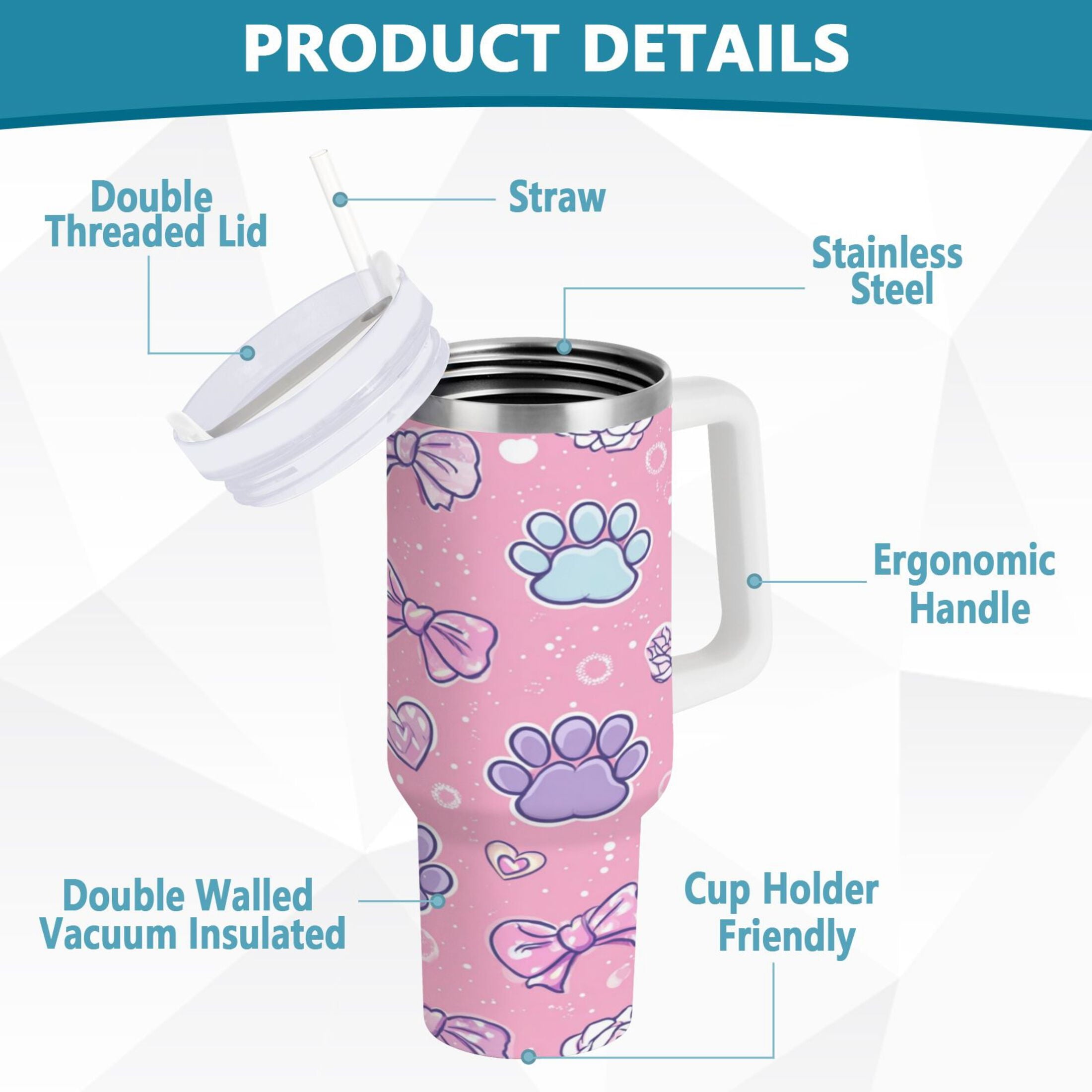 30 oz Insulated Stainless Steel Tumbler Double Wall Stainless Steel Tumbler with 2-Way Drinking Dog Paw Prints and Bows C648Y