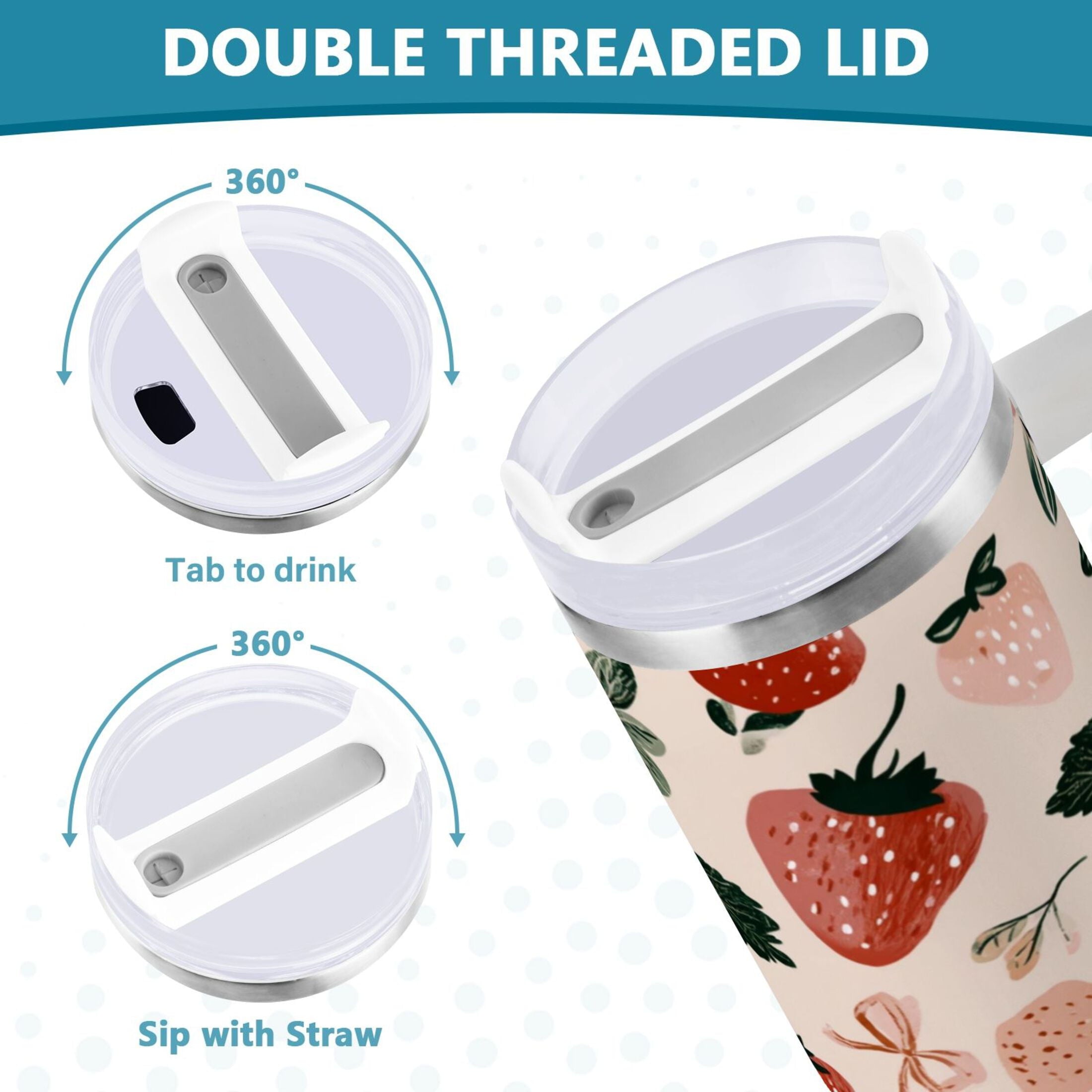 30 oz Insulated Stainless Steel Tumbler Double Wall Stainless Steel Tumbler with 2-Way Drinking Cute Pinks Strawberries C596A
