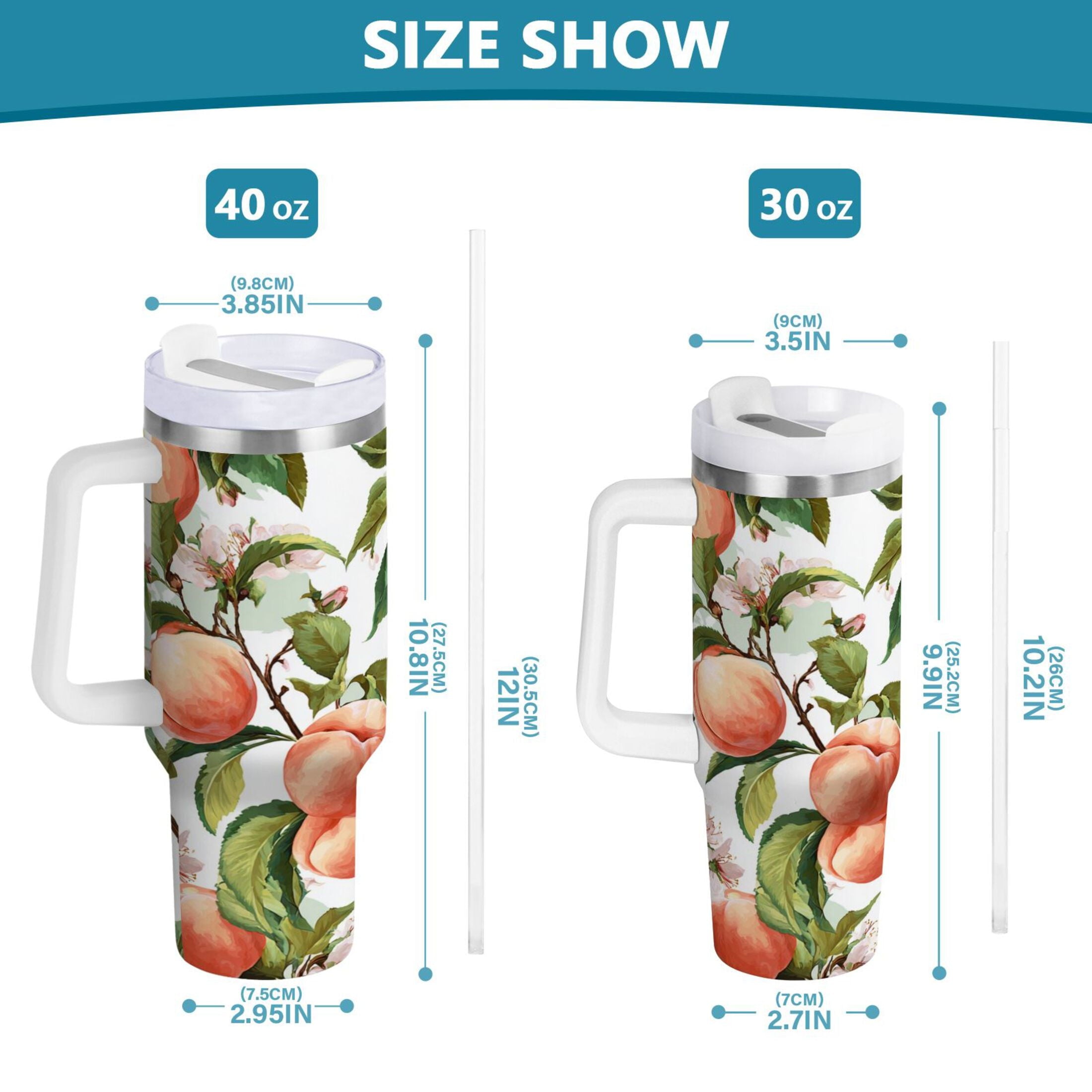 30 oz Insulated Stainless Steel Tumbler Double Wall Stainless Steel Tumbler with 2-Way Drinking Peach Fruit Pattern C503Y