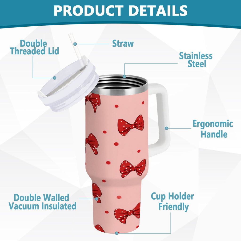 40 oz Insulated Stainless Steel Tumbler Double Wall Stainless Steel Tumbler with 2-Way Drinking Red Bows and Polka Dots C531W