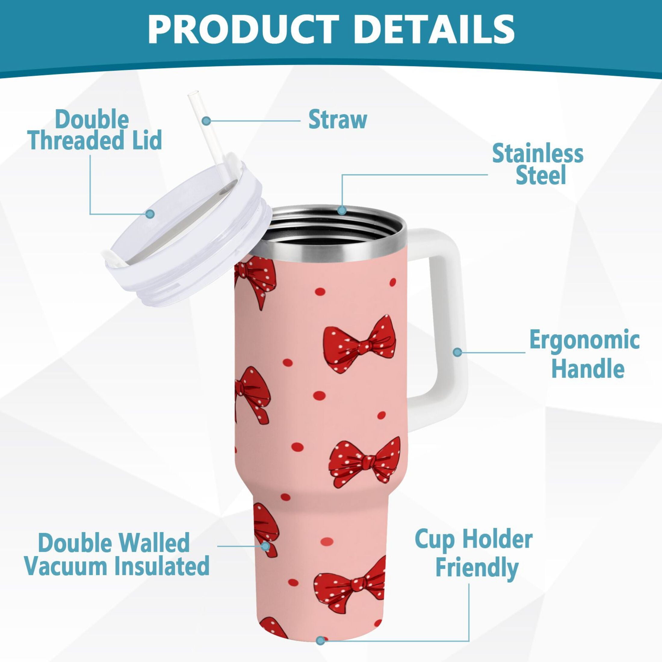 40 oz Insulated Stainless Steel Tumbler Double Wall Stainless Steel Tumbler with 2-Way Drinking Red Bows and Polka Dots C531W