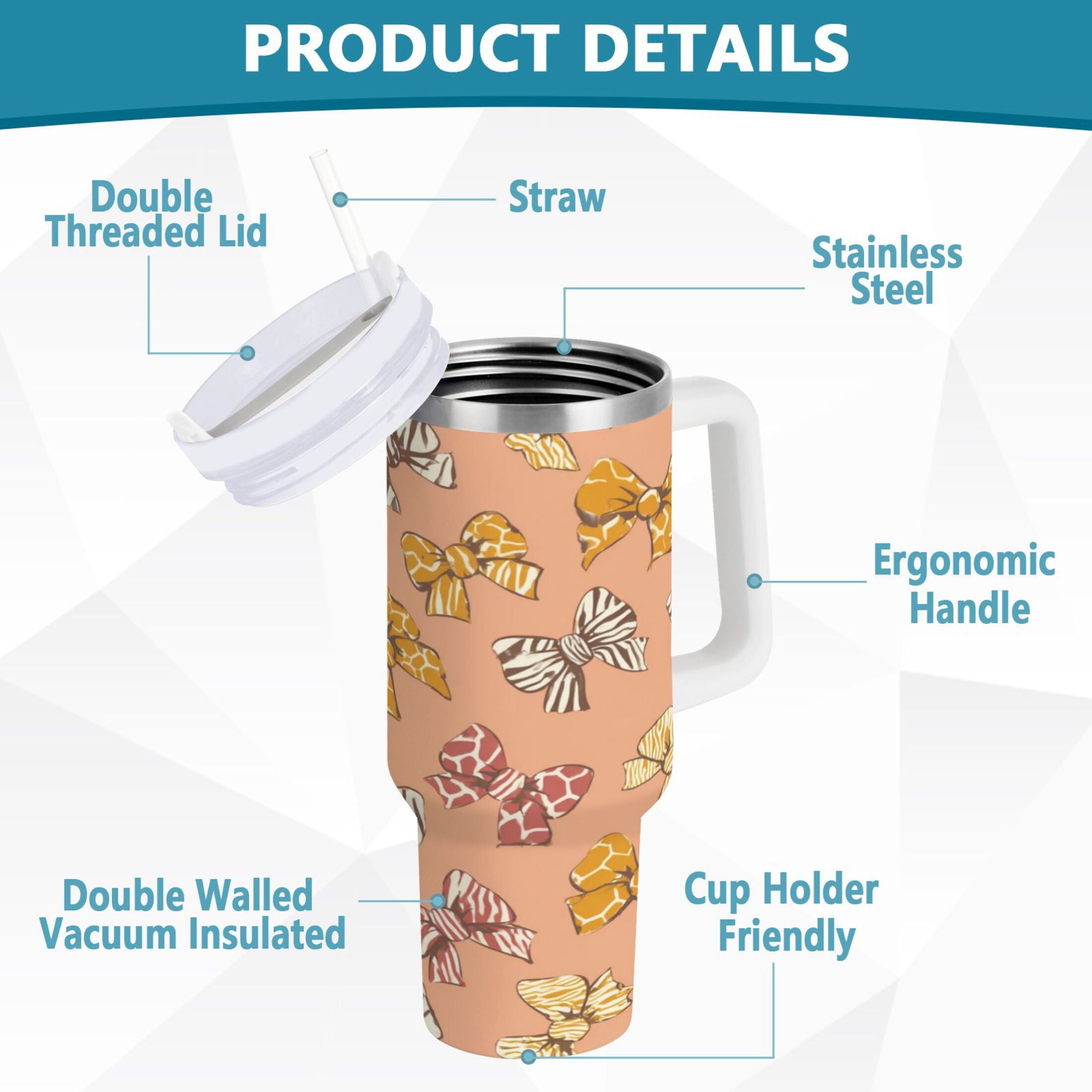 40 oz Insulated Stainless Steel Tumbler Double Wall Stainless Steel Tumbler with 2-Way Drinking Cute Animal Print Bows C678U