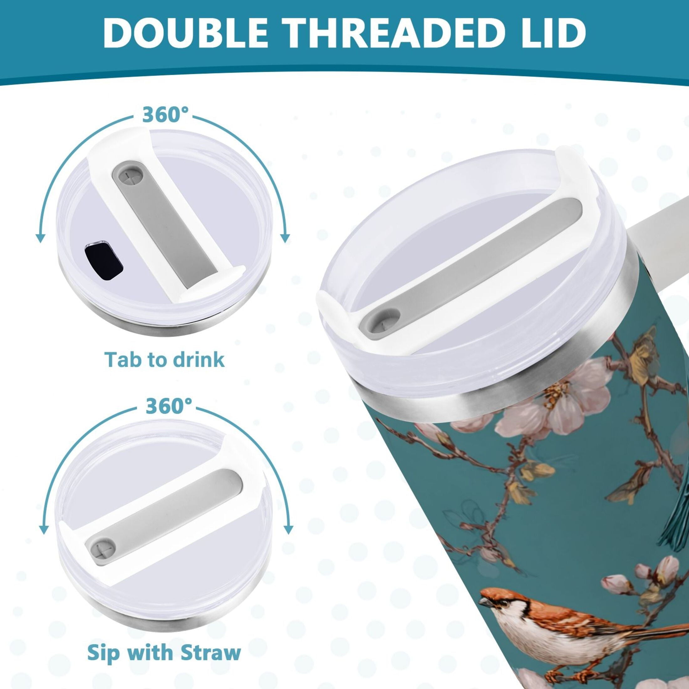 30 oz Insulated Stainless Steel Tumbler Double Wall Stainless Steel Tumbler with 2-Way Drinking Birds and Cherry Pattern C537A