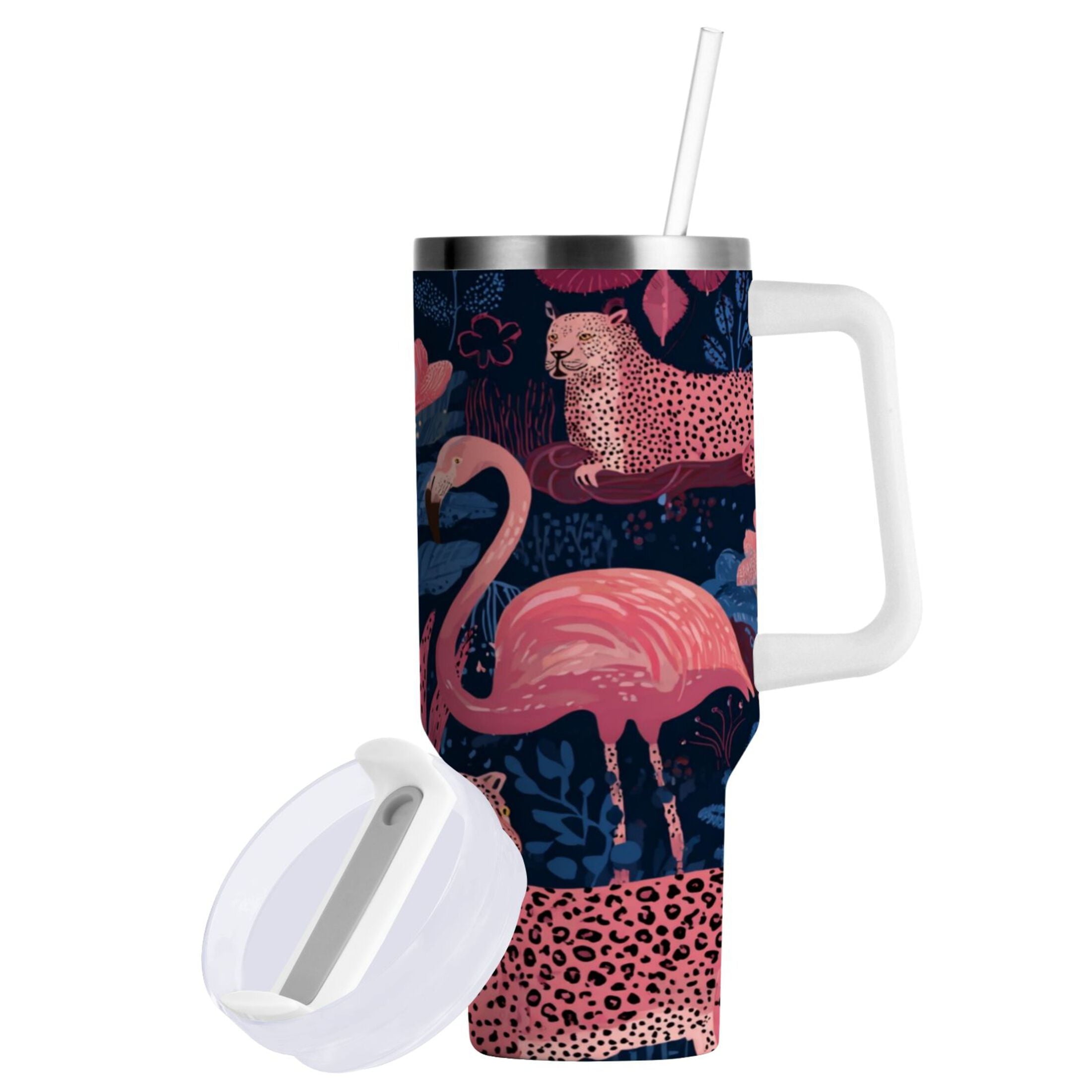 30 oz Insulated Stainless Steel Tumbler Double Wall Stainless Steel Tumbler with 2-Way Drinking Flamingos and Leopard Print C568Z