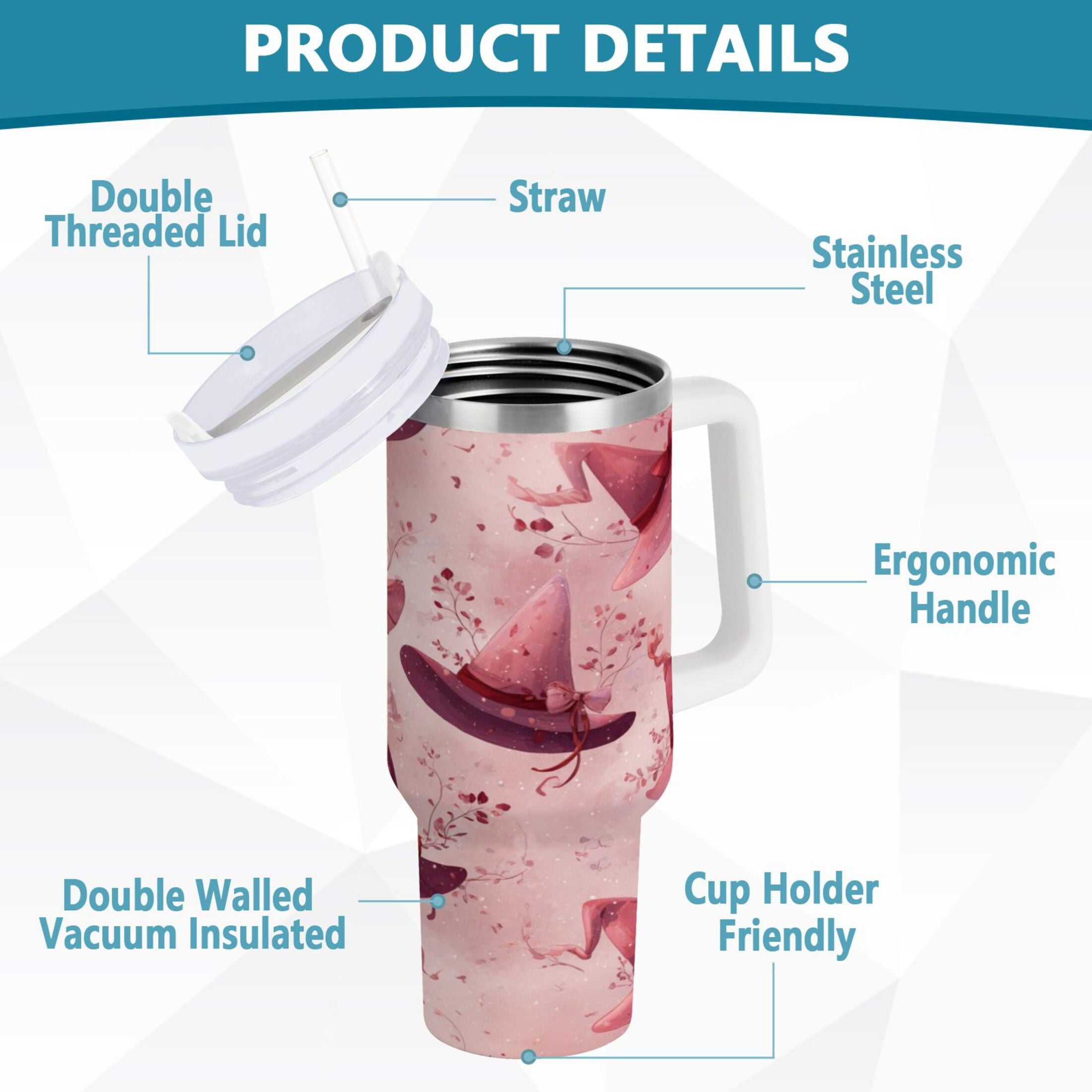 30 oz Insulated Stainless Steel Tumbler Double Wall Stainless Steel Tumbler with 2-Way Drinking Hats with Delicate Bows C679Y