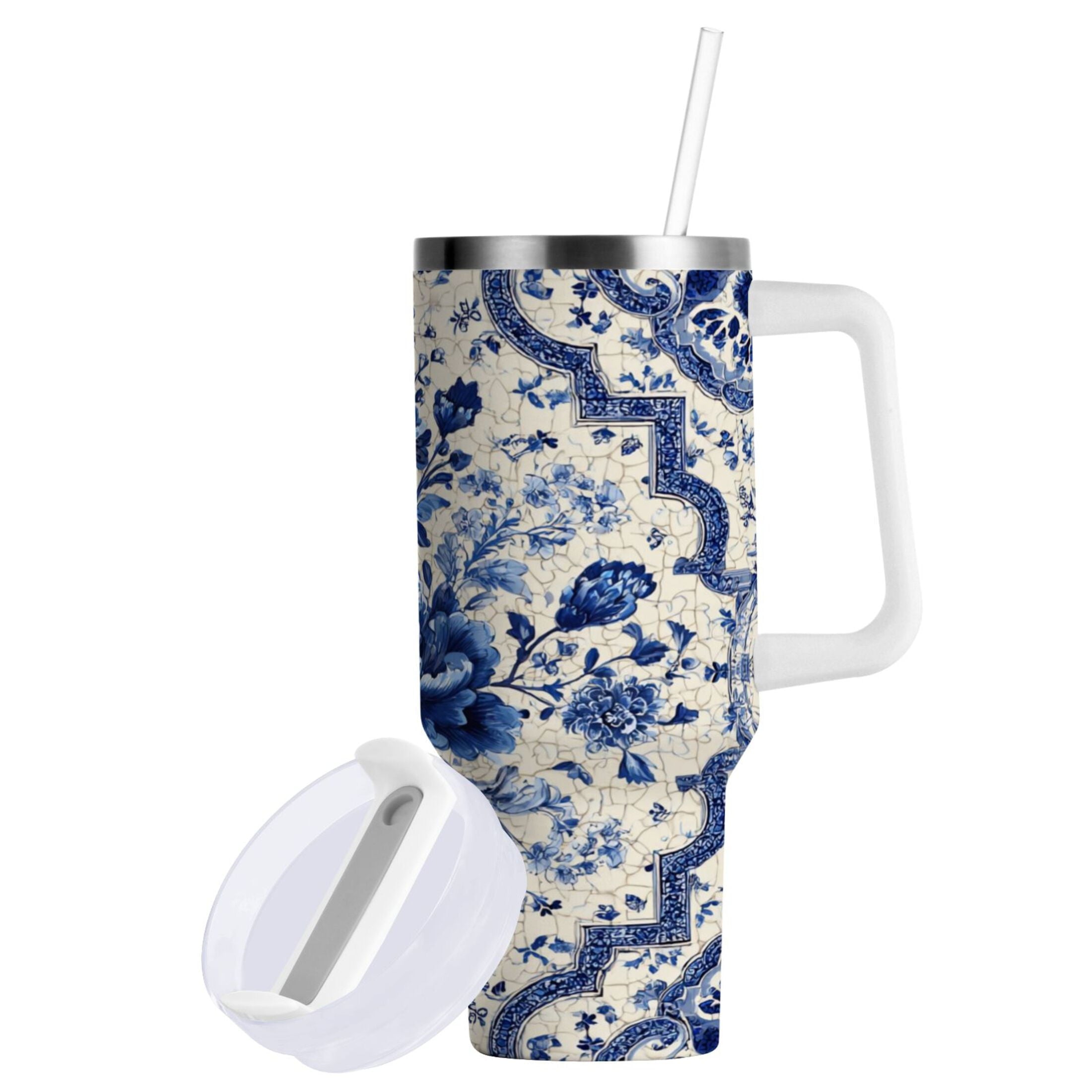 30 oz Insulated Stainless Steel Tumbler Double Wall Stainless Steel Tumbler with 2-Way Drinking Blue and White Porcelain-style C576F