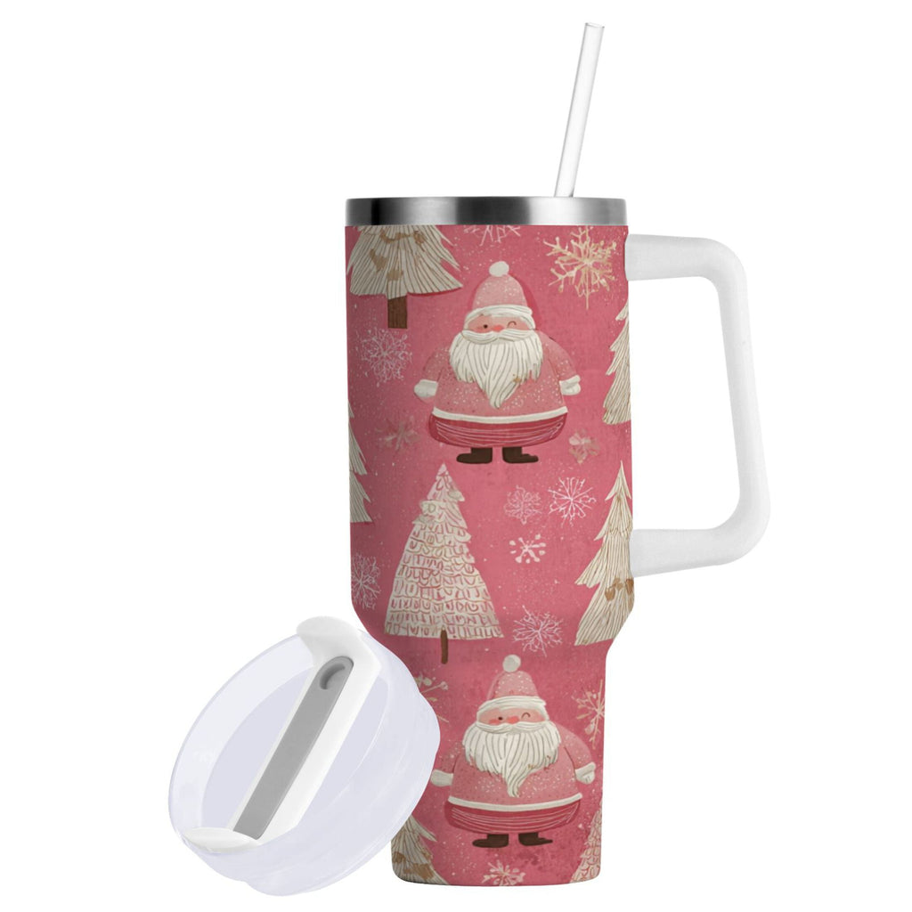 40 oz Insulated Stainless Steel Tumbler Double Wall Stainless Steel Tumbler with 2-Way Drinking Pink Santa Claus Pattern C527Z
