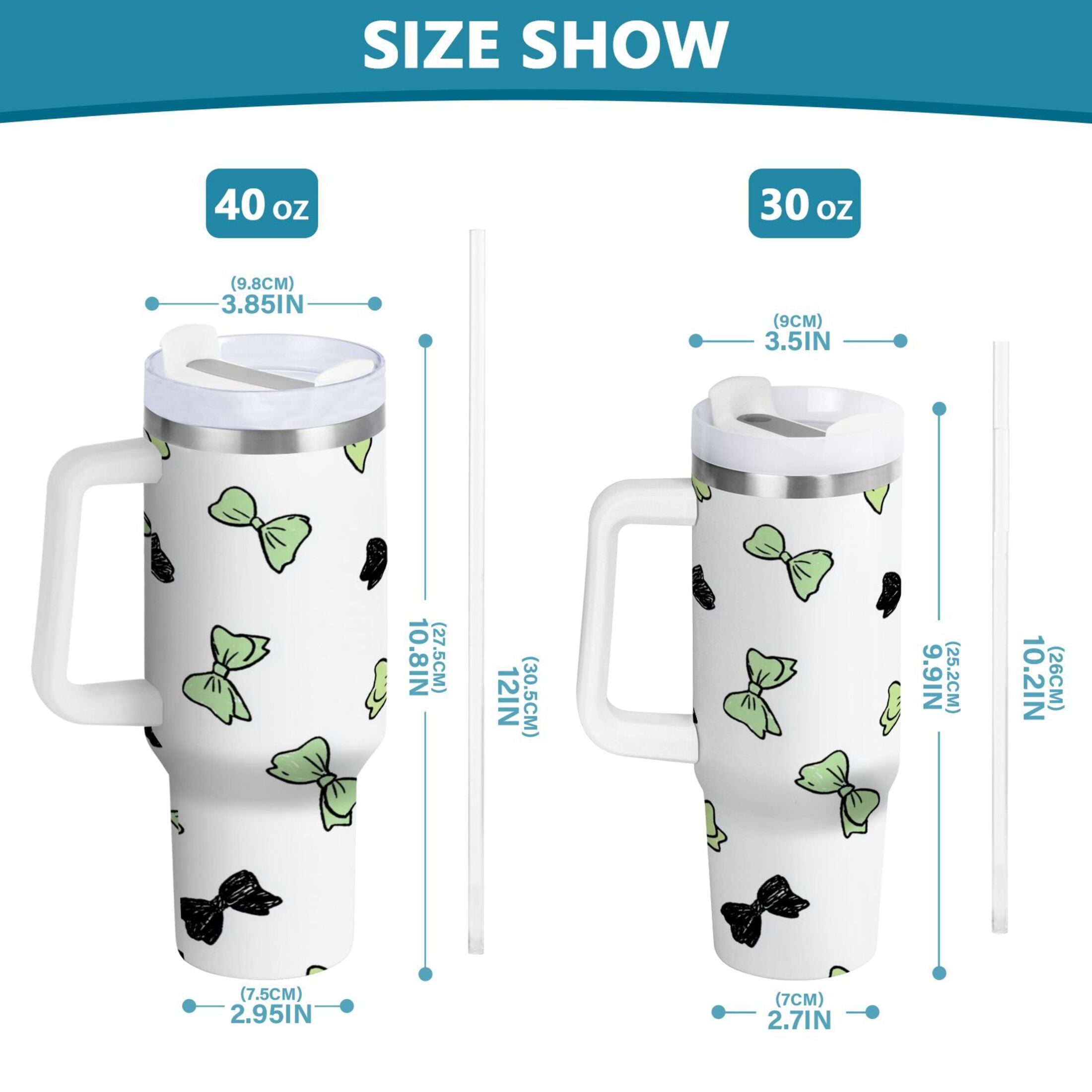 40 oz Insulated Stainless Steel Tumbler Double Wall Stainless Steel Tumbler with 2-Way Drinking Green and Black Bows C553B