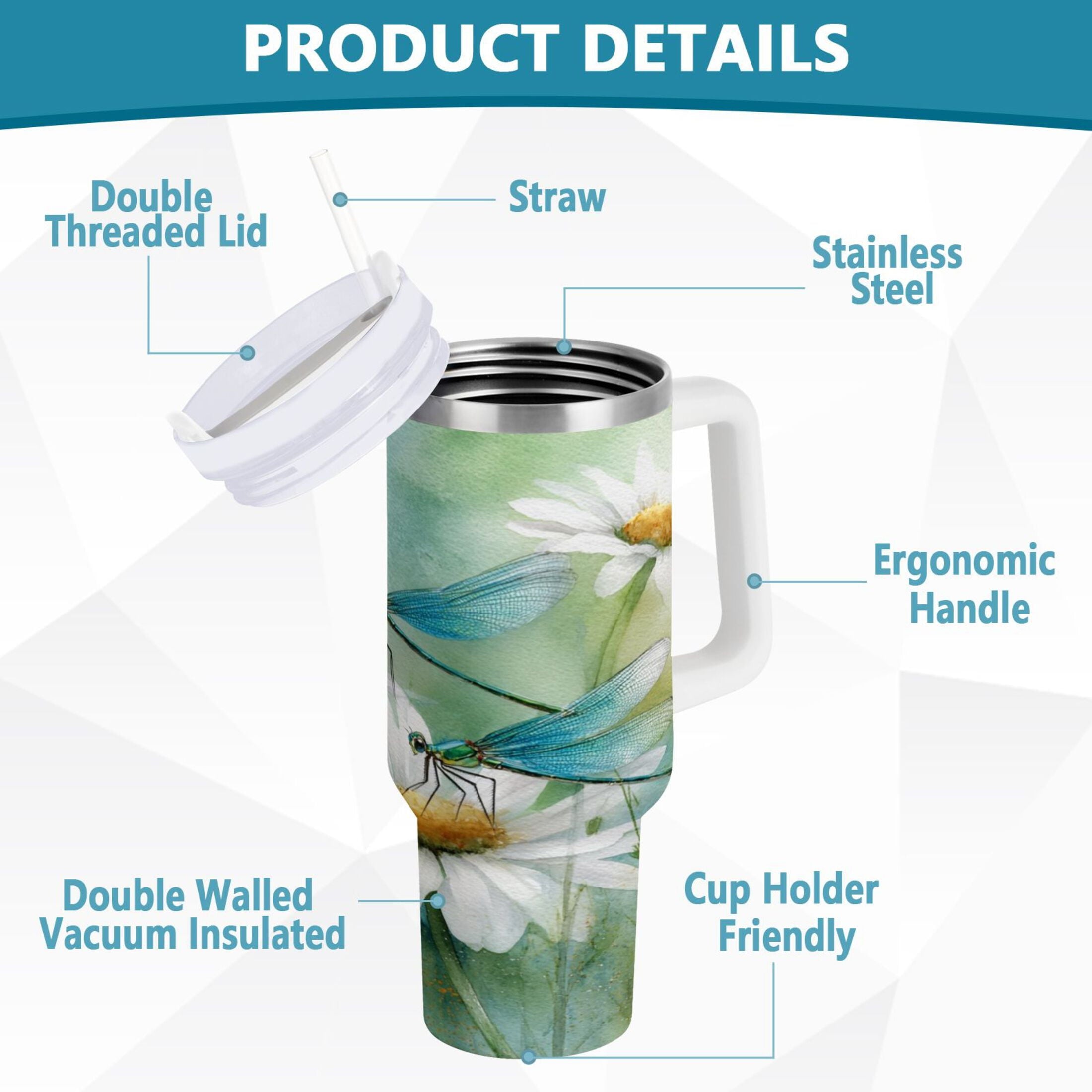 30 oz Insulated Stainless Steel Tumbler Double Wall Stainless Steel Tumbler with 2-Way Drinking Beautiful Dragonflies and Daisies C638S