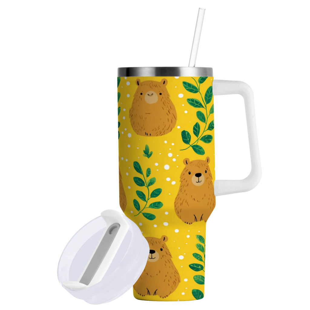 30 oz Insulated Stainless Steel Tumbler Double Wall Stainless Steel Tumbler with 2-Way Drinking Capybara and Green Leaves C658A