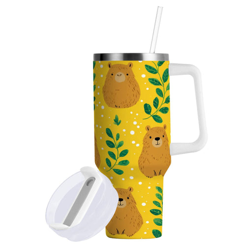 30 oz Insulated Stainless Steel Tumbler Double Wall Stainless Steel Tumbler with 2-Way Drinking Capybara and Green Leaves C658A