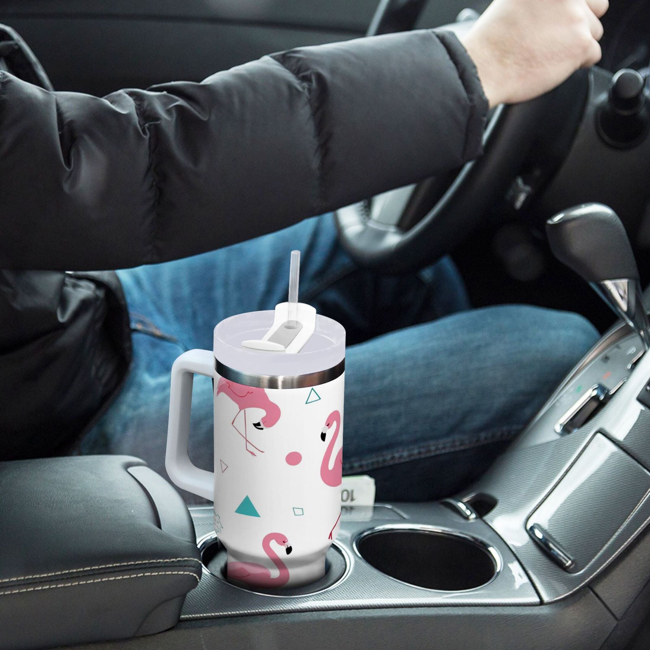 40 oz Insulated Stainless Steel Tumbler Double Wall Stainless Steel Tumbler with 2-Way Drinking Cute Flamingo Pattern C502Y
