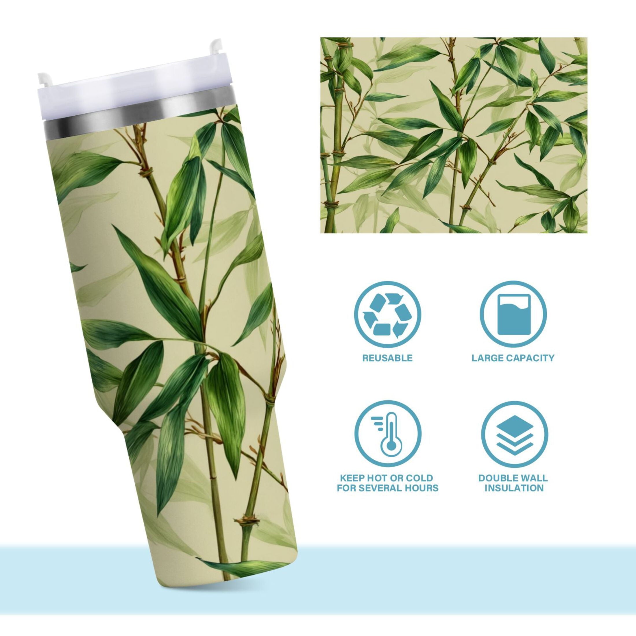 30 oz Insulated Stainless Steel Tumbler Double Wall Stainless Steel Tumbler with 2-Way Drinking Bamboo Pattern C558H