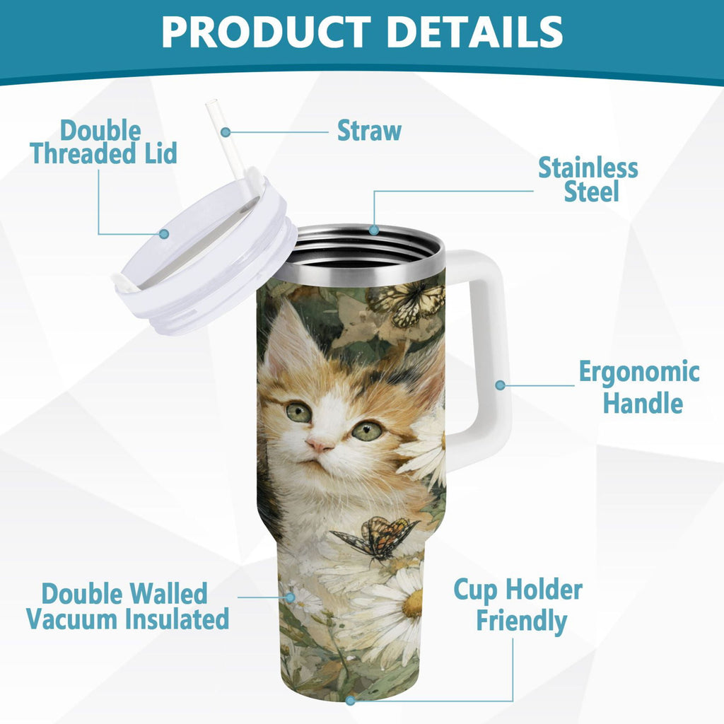 30 oz Insulated Stainless Steel Tumbler Double Wall Stainless Steel Tumbler with 2-Way Drinking Adorable Cats and Daisies C602Z