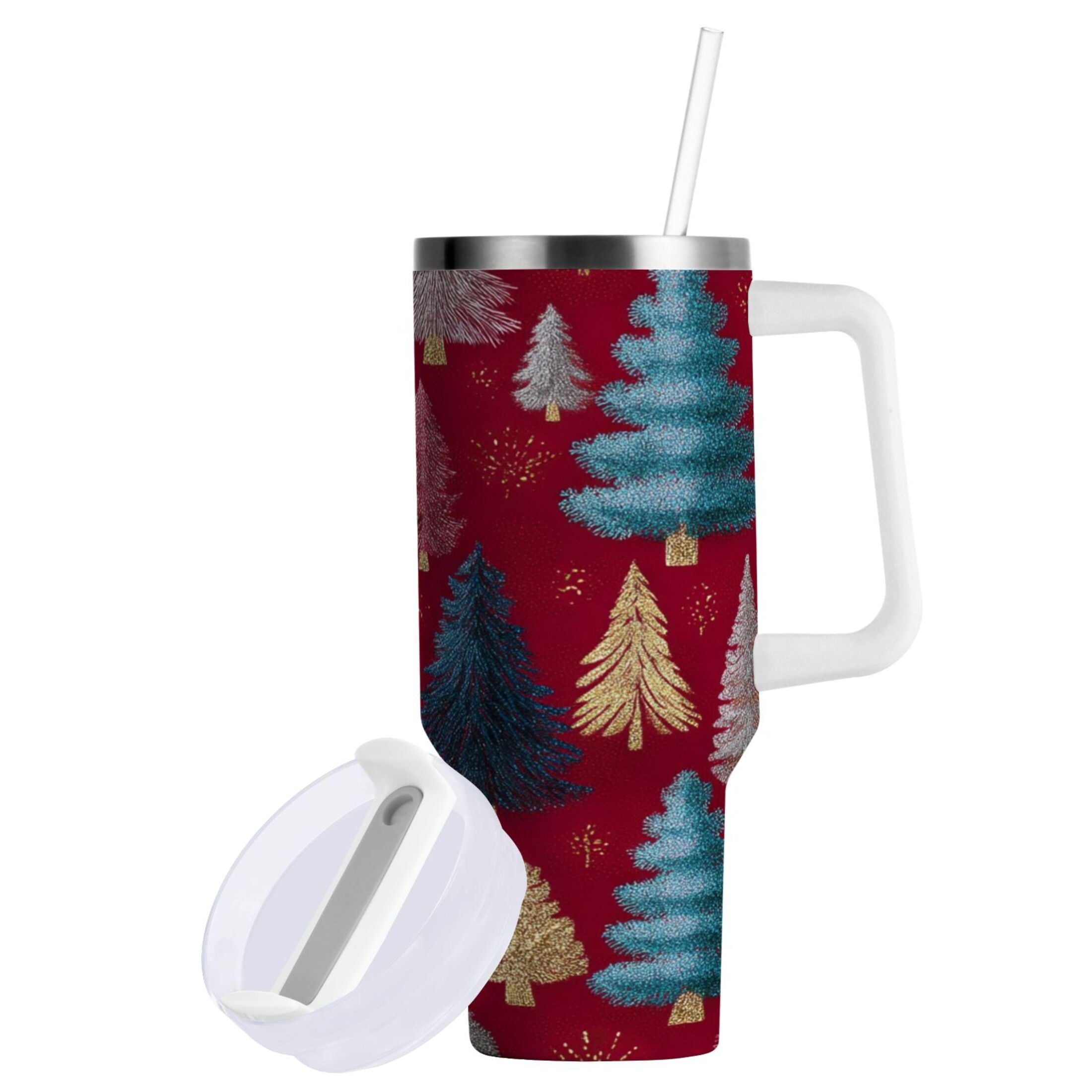 30 oz Insulated Stainless Steel Tumbler Double Wall Stainless Steel Tumbler with 2-Way Drinking Stylized Christmas Trees C644P