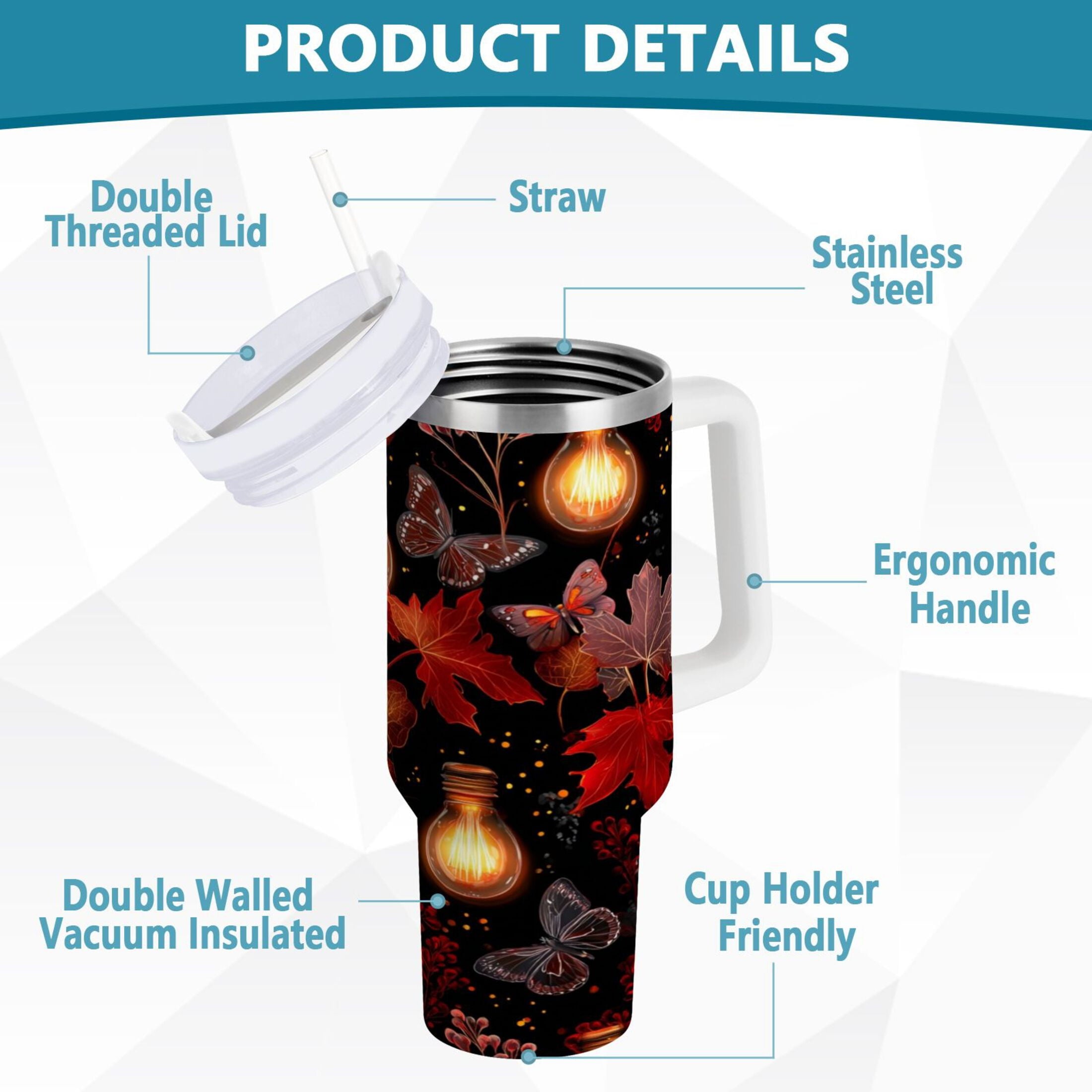 40 oz Insulated Stainless Steel Tumbler Double Wall Stainless Steel Tumbler with 2-Way Drinking Light Bulbs and Maple Leaves C534H