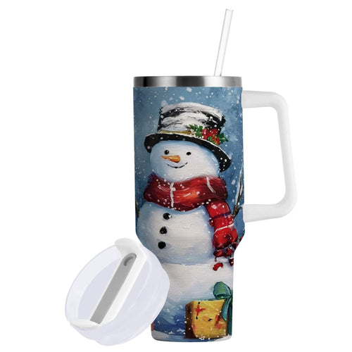 30 oz Insulated Stainless Steel Tumbler Double Wall Stainless Steel Tumbler with 2-Way Drinking Christmas Scene with Snowman C642A