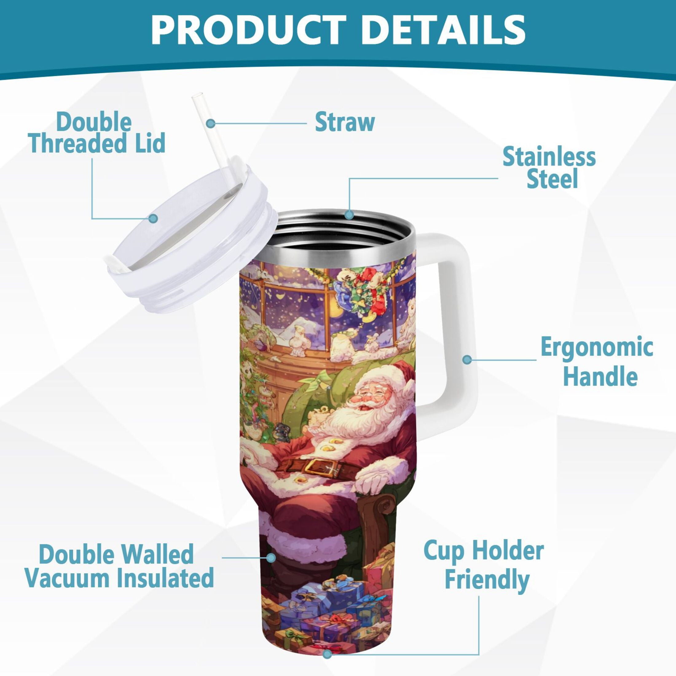 40 oz Insulated Stainless Steel Tumbler Double Wall Stainless Steel Tumbler with 2-Way Drinking Festive Christmas Scene C575W