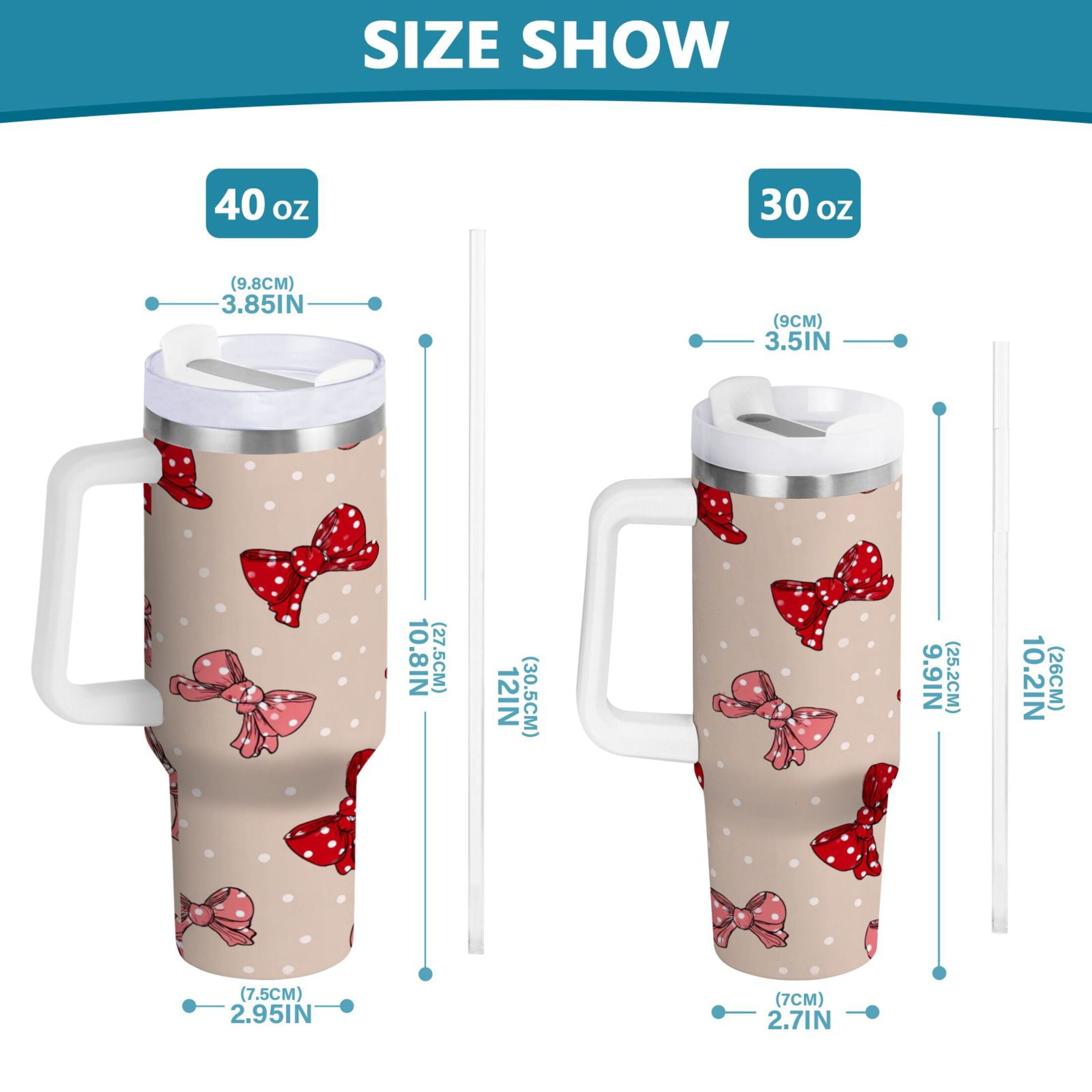 30 oz Insulated Stainless Steel Tumbler Double Wall Stainless Steel Tumbler with 2-Way Drinking Cute Red Bows Pattern C541R