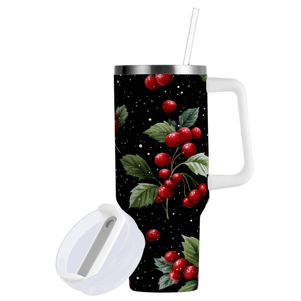40 oz Insulated Stainless Steel Tumbler Double Wall Stainless Steel Tumbler with 2-Way Drinking Red Holly Berries Pattern C652E