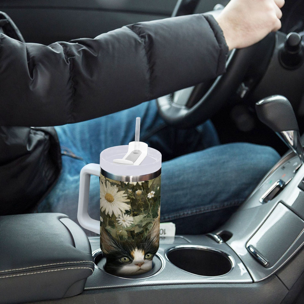 30 oz Insulated Stainless Steel Tumbler Double Wall Stainless Steel Tumbler with 2-Way Drinking Adorable Cats and Daisies C602Z