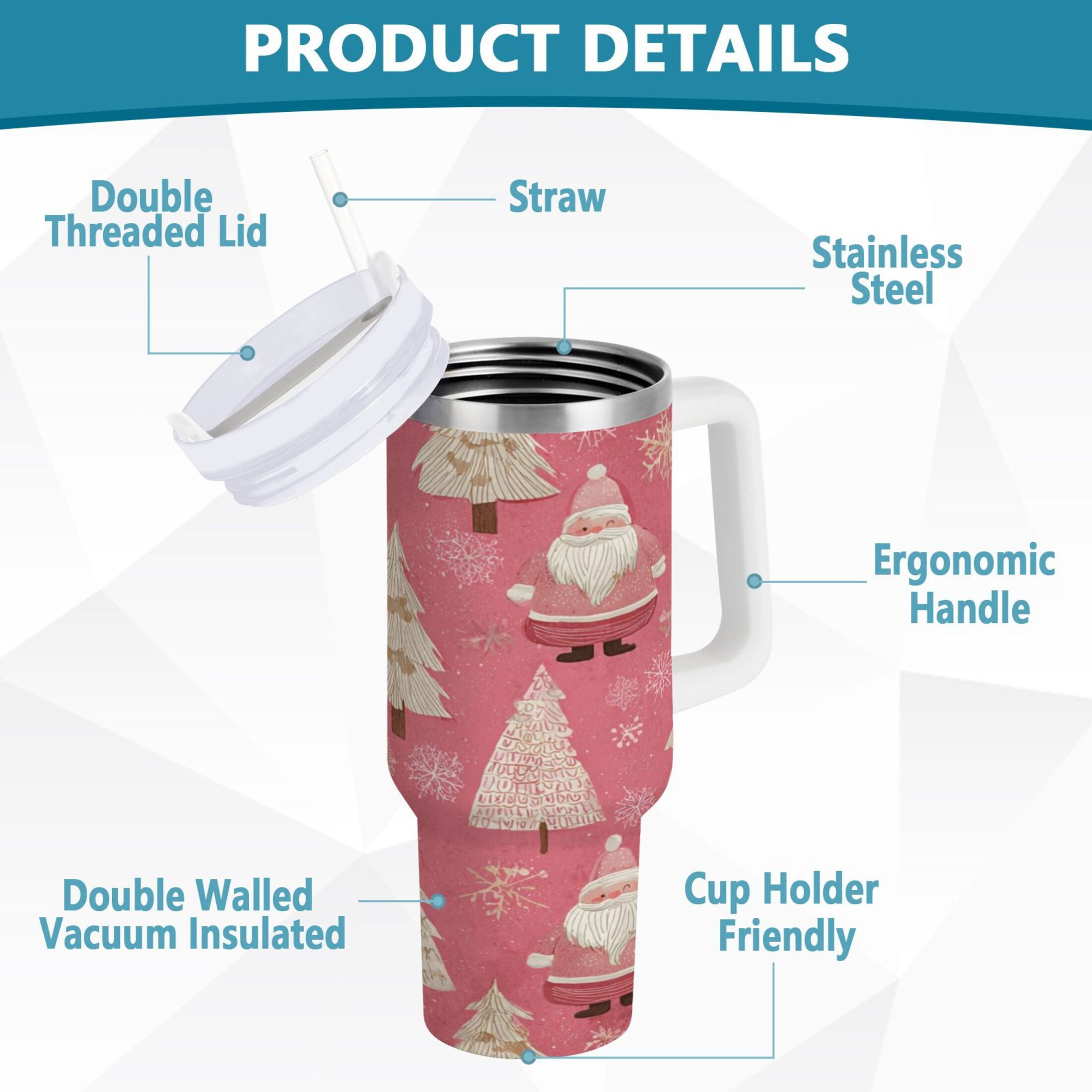 40 oz Insulated Stainless Steel Tumbler Double Wall Stainless Steel Tumbler with 2-Way Drinking Pink Santa Claus Pattern C527Z