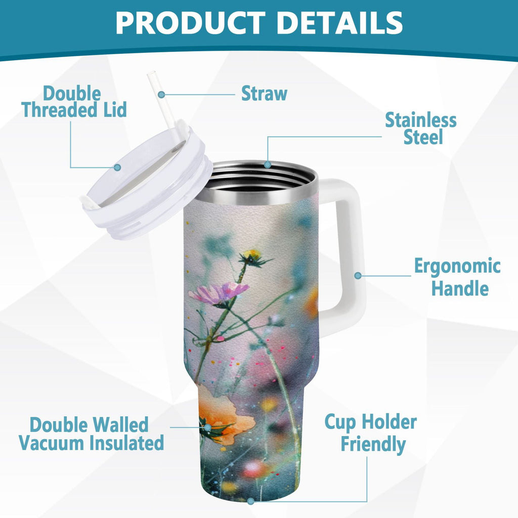40 oz Insulated Stainless Steel Tumbler Double Wall Stainless Steel Tumbler with 2-Way Drinking Abstract Wildflowers C504W