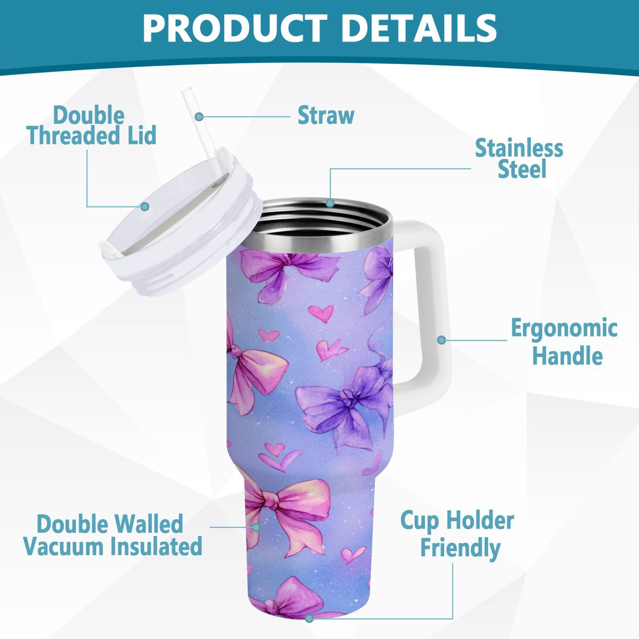 30 oz Insulated Stainless Steel Tumbler Double Wall Stainless Steel Tumbler with 2-Way Drinking Watercolor Bows Pattern C627X