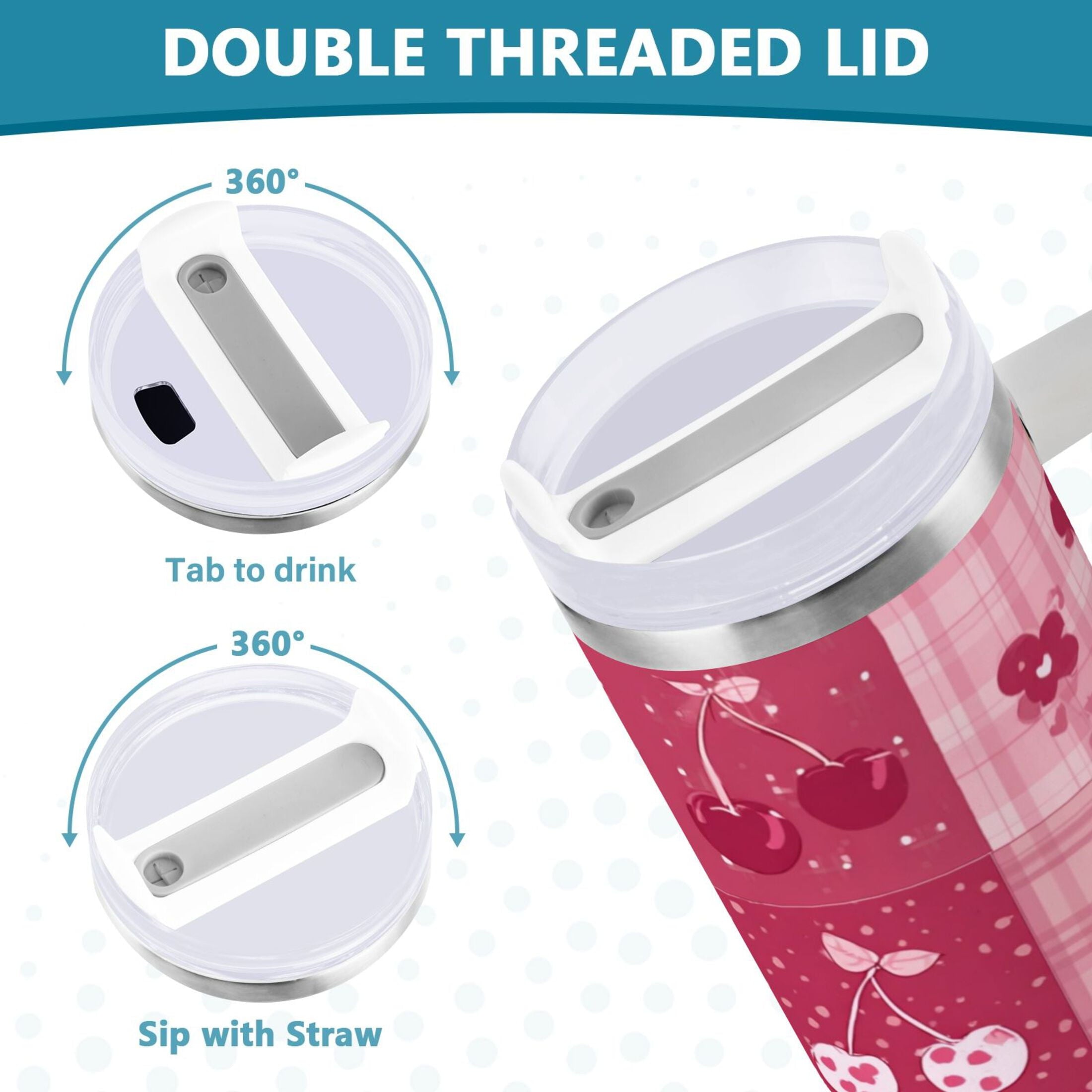30 oz Insulated Stainless Steel Tumbler Double Wall Stainless Steel Tumbler with 2-Way Drinking Cherry Pattern with Bows C634X