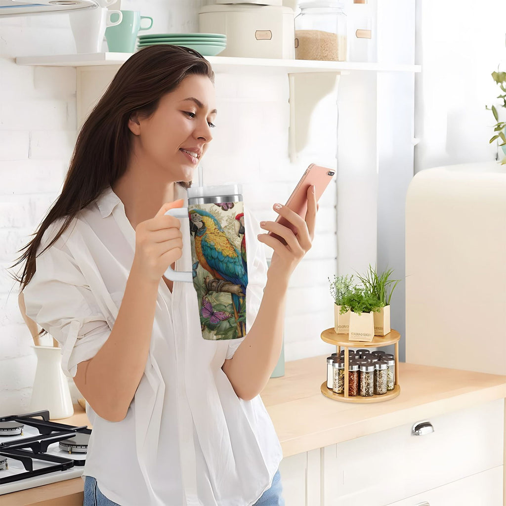 30 oz Insulated Stainless Steel Tumbler Double Wall Stainless Steel Tumbler with 2-Way Drinking Colorful Beautiful Parrots C520H