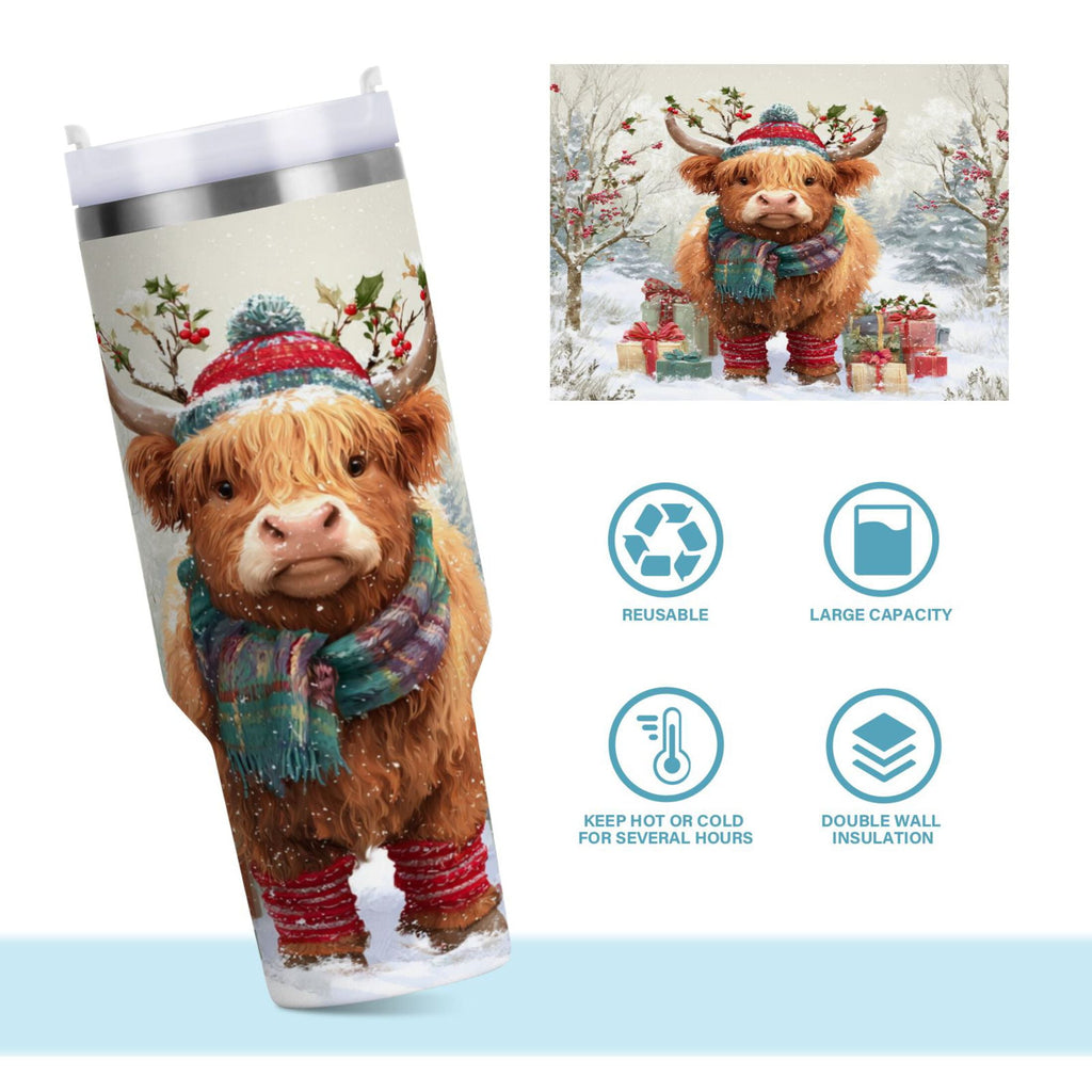 30 oz Insulated Stainless Steel Tumbler Double Wall Stainless Steel Tumbler with 2-Way Drinking Cow Wearing Christmas Hat C681A