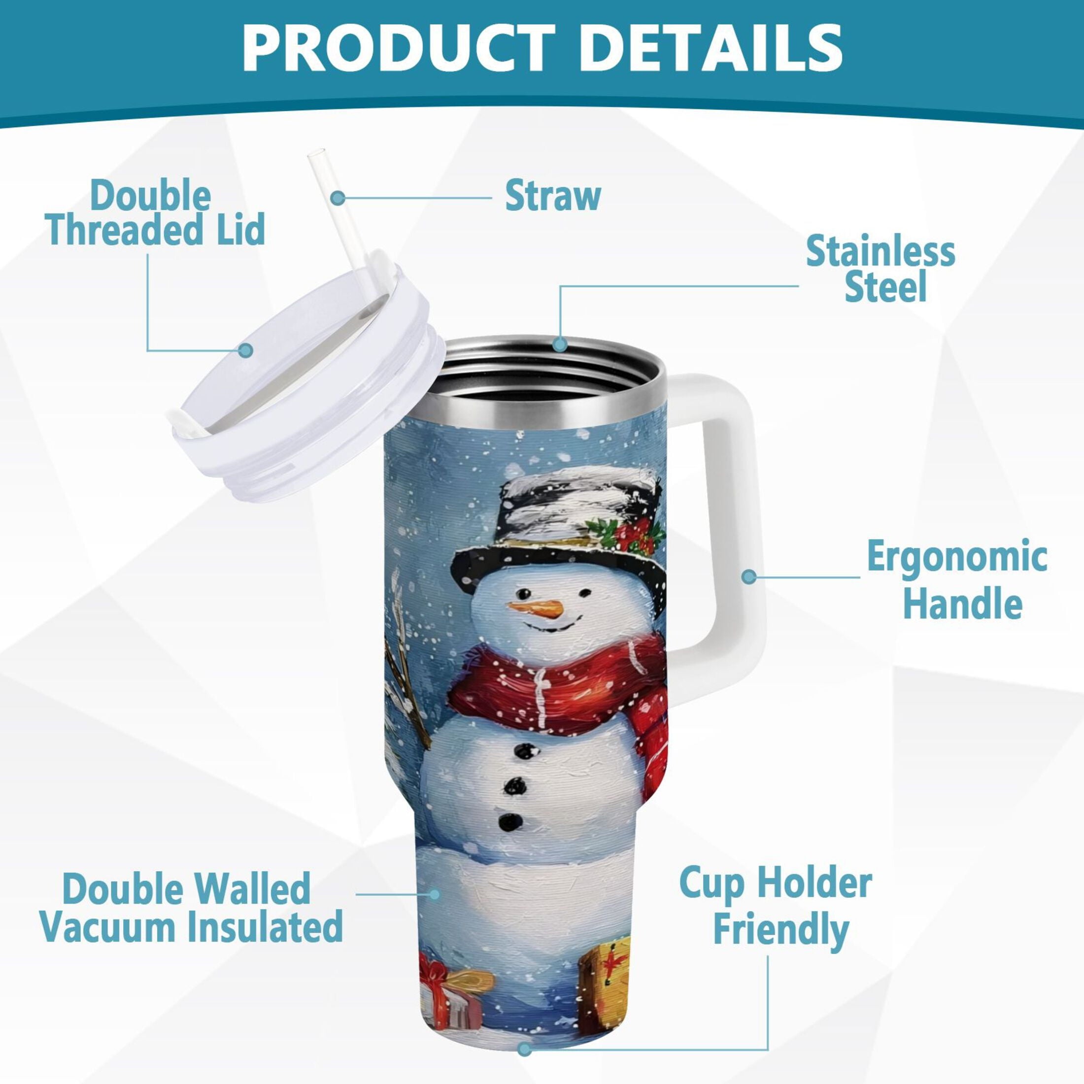 30 oz Insulated Stainless Steel Tumbler Double Wall Stainless Steel Tumbler with 2-Way Drinking Christmas Scene with Snowman C642A