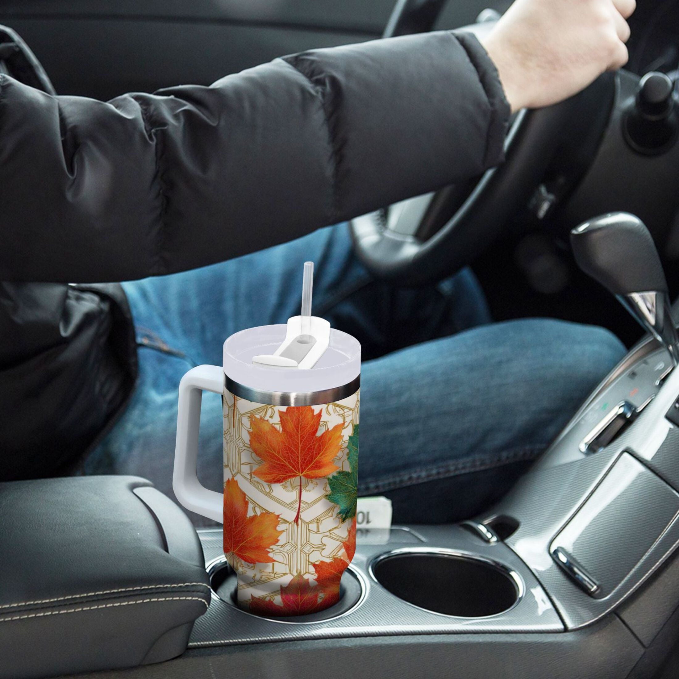 30 oz Insulated Stainless Steel Tumbler Double Wall Stainless Steel Tumbler with 2-Way Drinking Green and Red Maple Leaves C565U