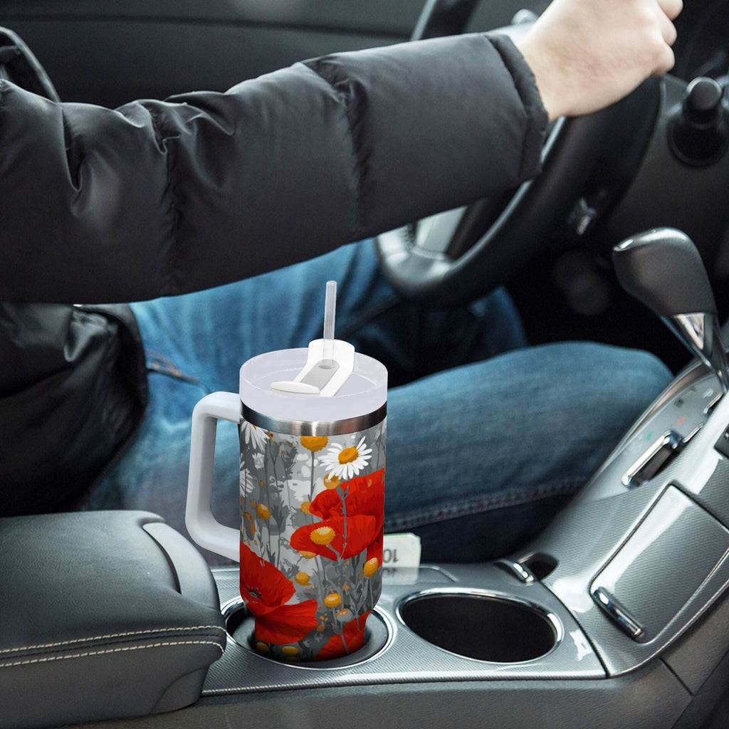 40 oz Insulated Stainless Steel Tumbler Double Wall Stainless Steel Tumbler with 2-Way Drinking Red Flowers and Daisies C498S