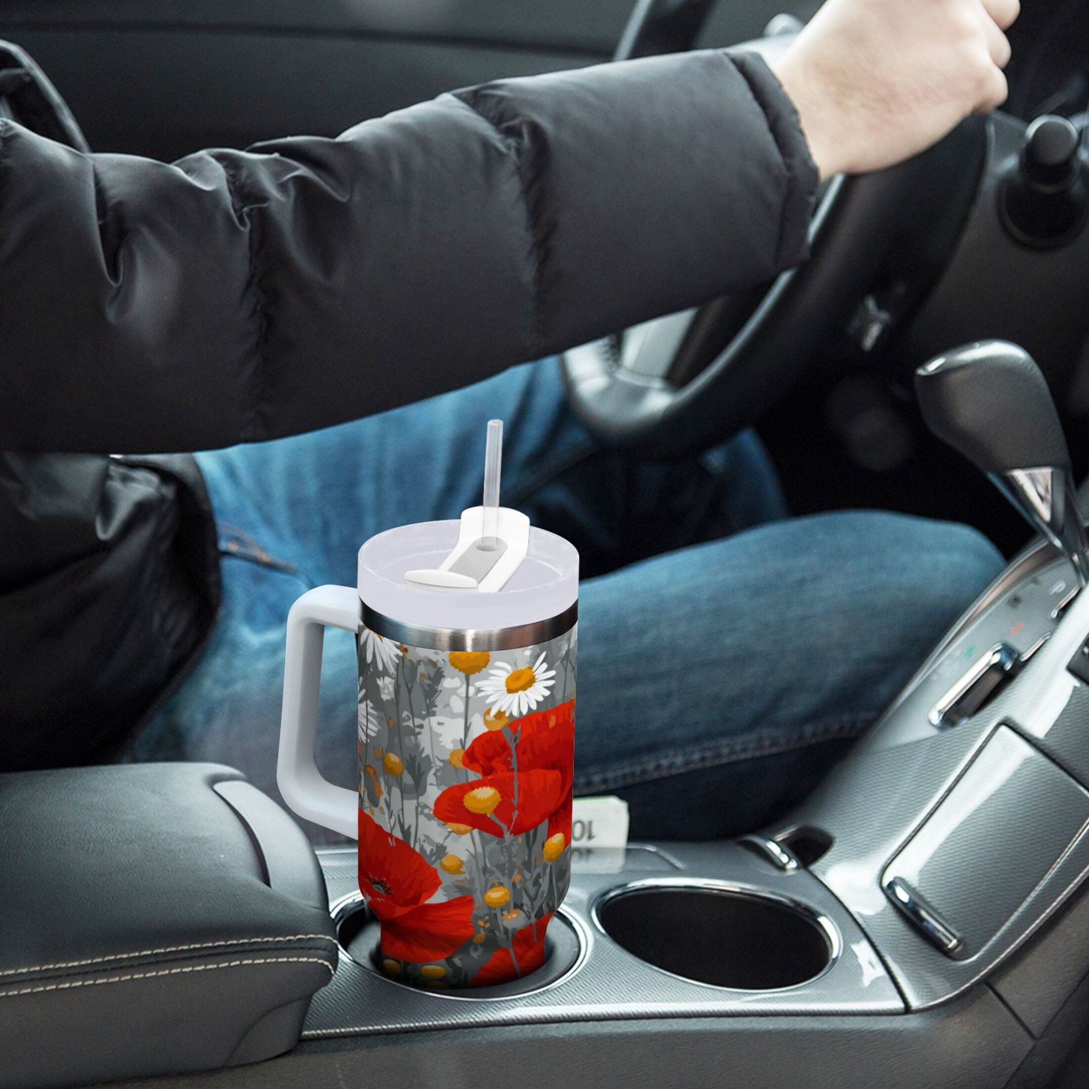 40 oz Insulated Stainless Steel Tumbler Double Wall Stainless Steel Tumbler with 2-Way Drinking Red Flowers and Daisies C498S